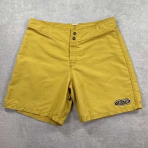 Rusty Board Shorts Mens 33 Mustard Yellow Retro Surf Y2K Double Snap Logo Patch